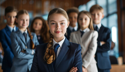 Fototapeta premium Young rookie girl and her team in suits, standing together in a modern office, with a bright environment and formal attire highlighting their potential as future leaders.