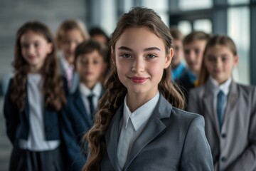 Young rookie girl and her team in suits, standing together in a modern office, with a bright environment and formal attire highlighting their potential as future leaders.