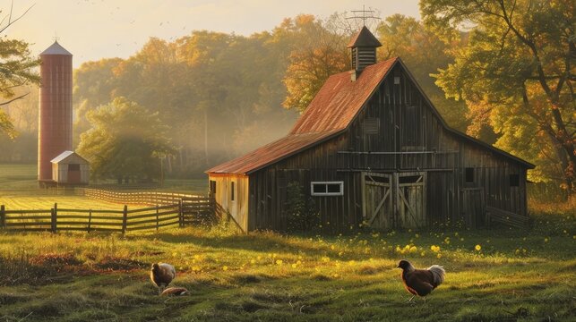 Tranquil morning glow  serene scenes of barnyard animals in the quiet beauty of mornings