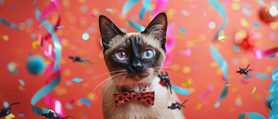Siamese Cat Celebration with Confetti and Ribbons