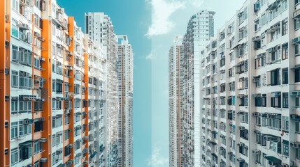 Grand image depicting economic differences, contrasting luxurious skyscrapers with modest housing, emphasizing the gap in living conditions