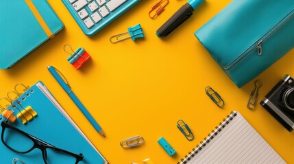 A yellow background with a blue notebook, a pen, a calculator, a pair of glasses