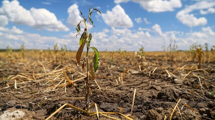 A withered plant in a drought-stricken field, symbolizing agricultural impact due to climate change