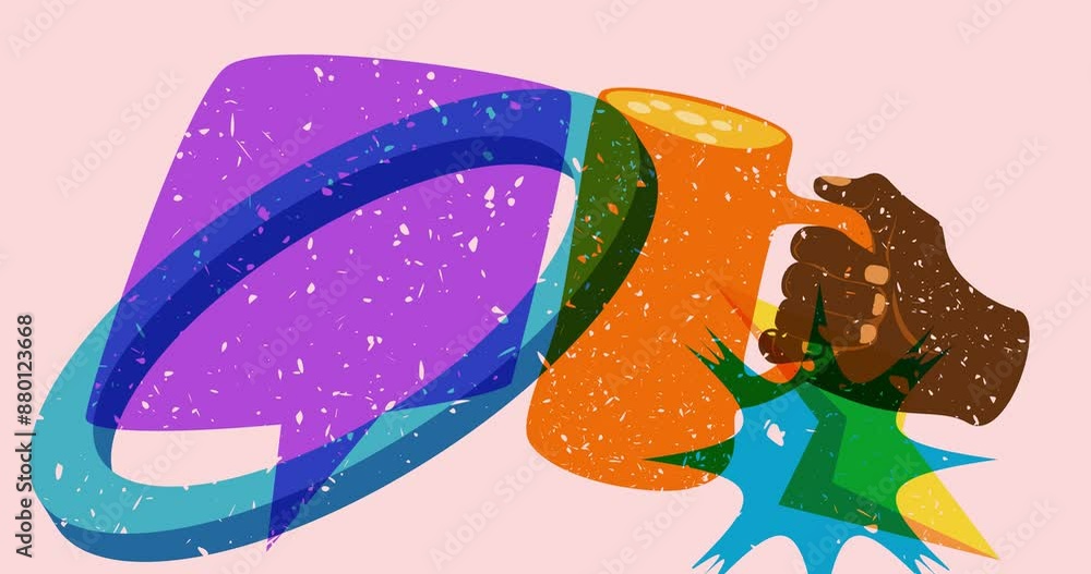 Poster risograph beer and speech bubble with geometric shapes animation. moving object in trendy riso graph
