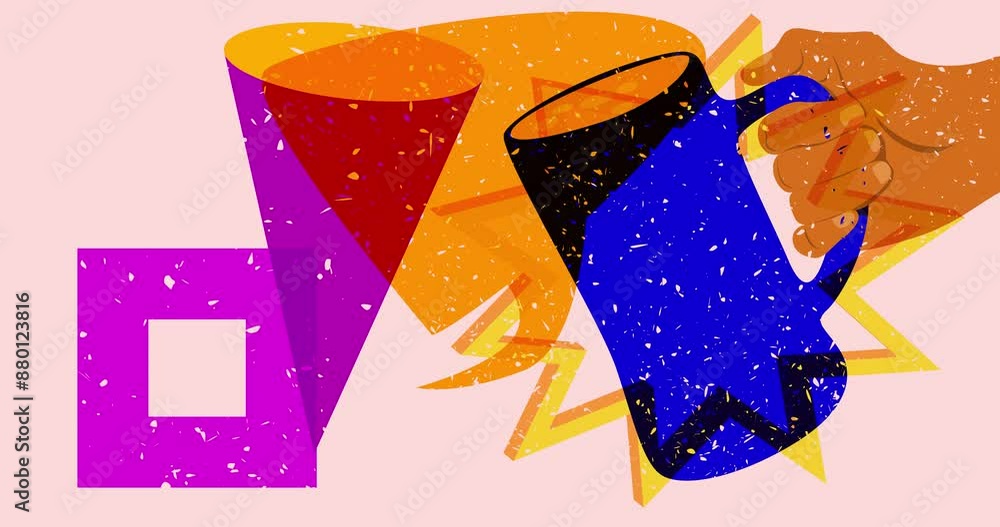 Poster risograph beer and speech bubble with geometric shapes animation. moving object in trendy riso graph