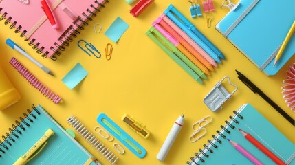 A colorful assortment of school supplies, including pens, pencils, and scissors