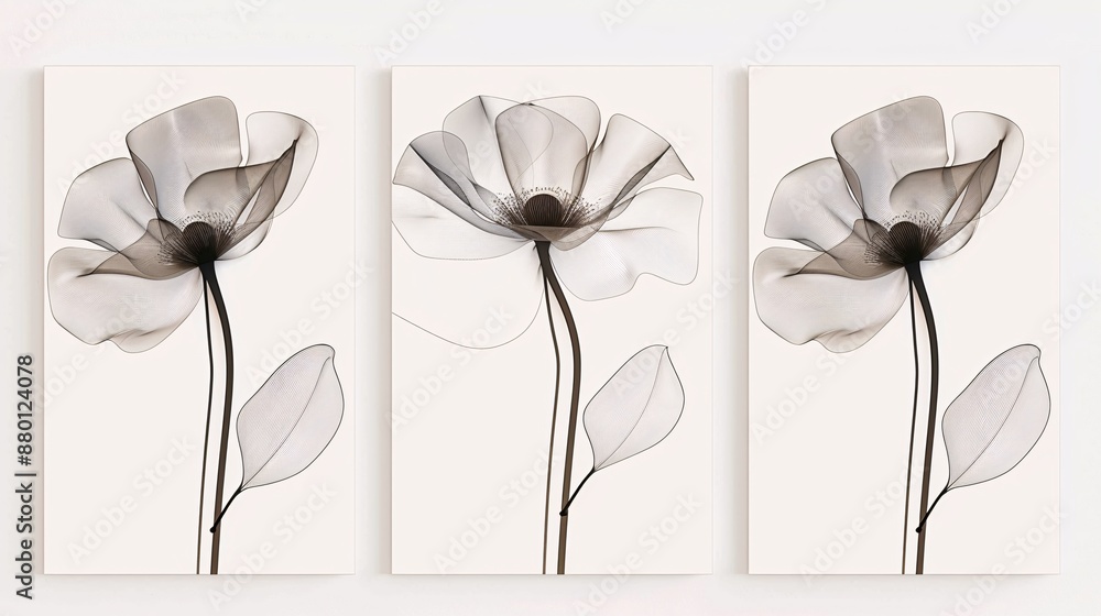 Poster three interconnected art posters with a continuous line art flower, displayed on a clean white backg
