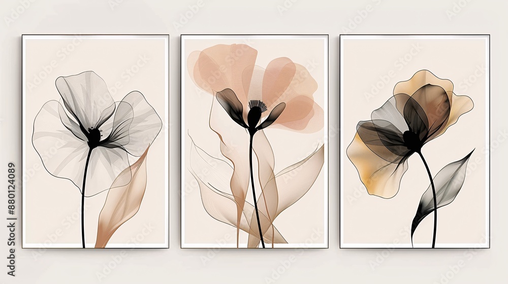 Poster a set of three art posters featuring a flowing line art flower design that continues across all piec