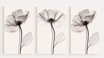 Three interconnected art posters with a continuous line art flower, displayed on a clean white background for a unified and sophisticated look