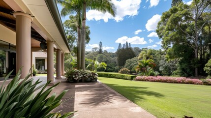 Fototapeta premium Expansive garden in perfect condition, daily maintenance activities, vibrant flowers and greenery creating a serene outdoor retreat