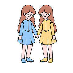Two girls are holding hands and wearing blue and yellow dresses