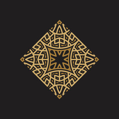 Tile gold and black logo with a black background