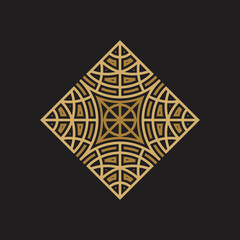 Tile gold and black logo with a black background