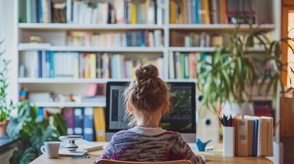 A child learning at home using a computer with educational software, surrounded by books and learning materials, representing remote education technology