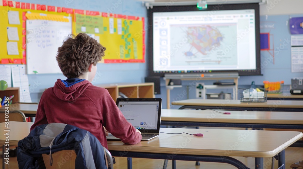 Wall mural a student using a laptop in a classroom with a digital interactive whiteboard displaying educational