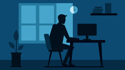 A man working on computer in office room silhouette vector illustration