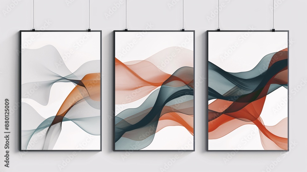 Poster a set of three minimalistic abstract art posters with a continuous flow, displayed on a white backgr