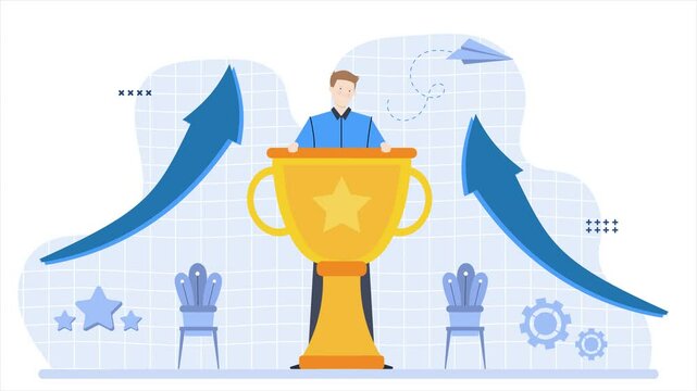 businessman reach the target with trophy illustration animated video