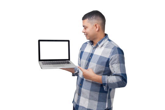 Man with notebook in hands pointing and interacting with the screen. Businessman concept. Online. Freelancer concept. Copy space.