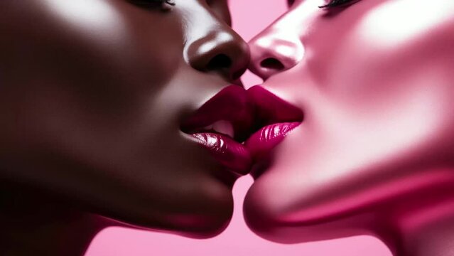 Close-Up Of Two Women Kissing With Vibrant Pink Background