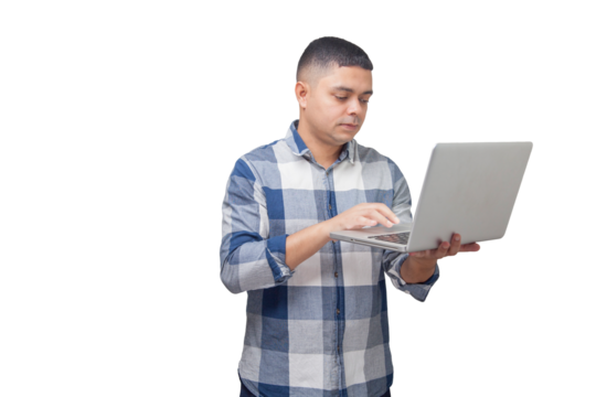 Man with notebook in hands pointing and interacting with the screen. Businessman concept. Online. Freelancer concept. Copy space.