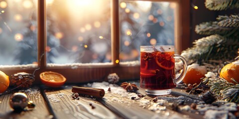 Winter Morning Warmth: Hot Beverage by Frosted Window