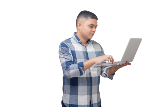 Man with notebook in hands pointing and interacting with the screen. Businessman concept. Online. Freelancer concept. Copy space.