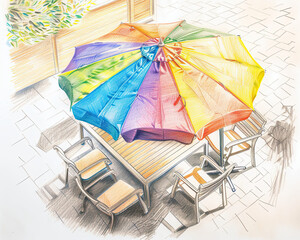 Fototapeta premium Picturesque view of a colorful parasol shading a patio, contrasting with the neutral-toned furniture.