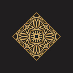 Tile gold and black logo with a black background