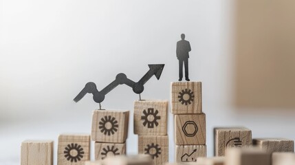 Strategic Growth Concept: Businessman on Ladder with Wooden Blocks, Upward Arrow, and Growth Chart, Symbolizing Corporate Success and Development.