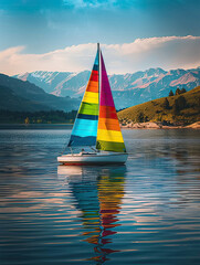 Fototapeta premium Serene image of a rainbow sailboat on a calm lake, framed by majestic mountains in the distance.