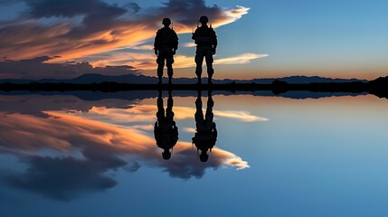 Silhouettes of Two Soldiers at Sunset with Reflection