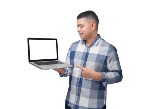 Man with notebook in hands pointing and interacting with the screen. Businessman concept. Online. Freelancer concept. Copy space.