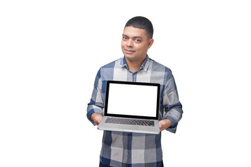 Man with notebook in hands pointing and interacting with the screen. Businessman concept. Online. Freelancer concept. Copy space.