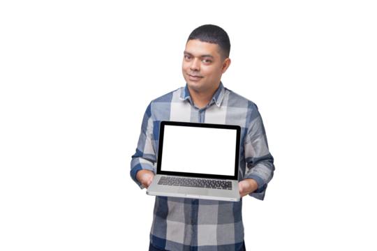Man with notebook in hands pointing and interacting with the screen. Businessman concept. Online. Freelancer concept. Copy space.