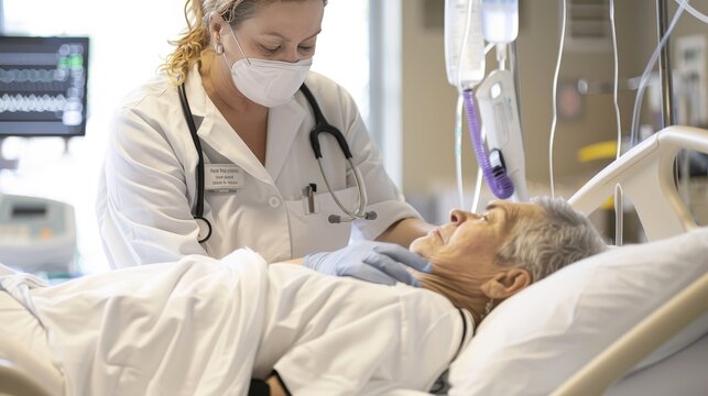 Nurse performing a heavy care routine for a bedridden patient, emphasizing meticulous care and support in a well-equipped healthcare facility
