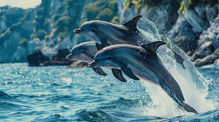 Naklejka premium Joyful Japanese Dolphins Playfully Leaping from Pristine Coastal Waters