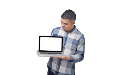Man with notebook in hands pointing and interacting with the screen. Businessman concept. Online. Freelancer concept. Copy space.