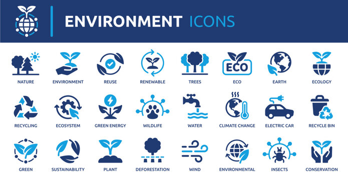 Environment icon set. Containing recycling, plant, nature, eco, earth, green energy, trees, ecology and more. Solid vector icons collection.