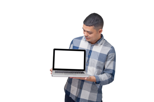 Man with notebook in hands pointing and interacting with the screen. Businessman concept. Online. Freelancer concept. Copy space.