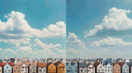 Large image highlighting lifestyle differences, busy metropolitan life set against a peaceful suburban neighborhood, reflecting varied human experiences