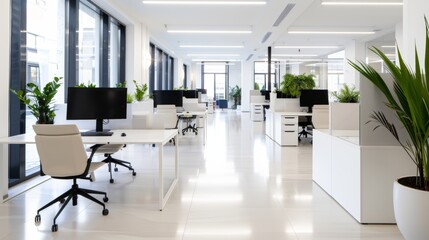 Large office in top condition, bustling daily activity with workers engaged in various tasks, organized and professional environment