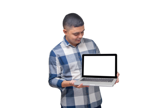 Man with notebook in hands pointing and interacting with the screen. Businessman concept. Online. Freelancer concept. Copy space.