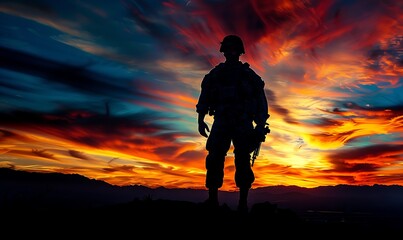 Obraz premium Silhouette of a Soldier at Sunset