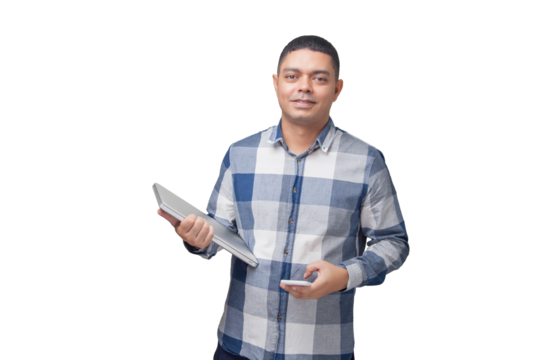 Man with notebook in hands pointing and interacting with the screen. Businessman concept. Online. Freelancer concept. Copy space.