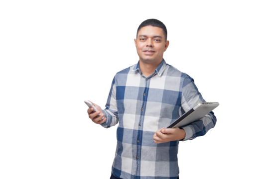 Man with notebook in hands pointing and interacting with the screen. Businessman concept. Online. Freelancer concept. Copy space.