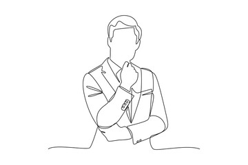 Continuous one line drawing of businessman thinking with his hand on his chin. Thinking man illustration