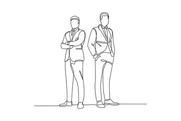 Continuous one line drawing of two businessmen standing with arms crossed. Illustration design