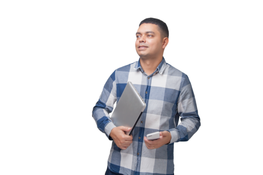 Man with notebook in hands pointing and interacting with the screen. Businessman concept. Online. Freelancer concept. Copy space.