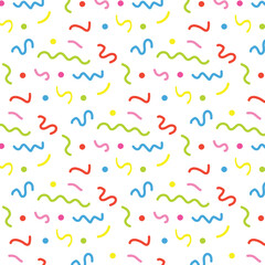 Fun colorful line doodle seamless pattern. Creative minimalist style art background for children or trendy design with basic shapes.